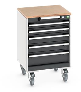 cubio mobile cabinet with 5 drawers & multiplex worktop. WxDxH: 525x525x790mm. RAL 7035/5010 or selected Bott Mobile Storage 525 x 525